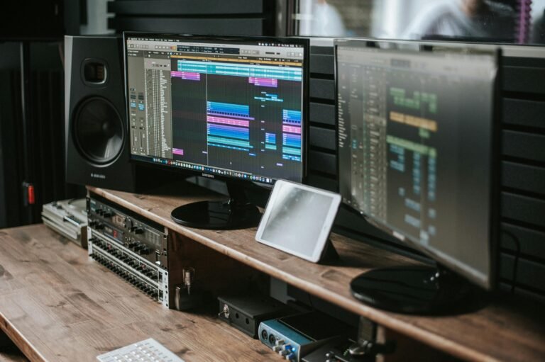 Modern music studio setup featuring dual monitors displaying audio editing software on a wooden desk.