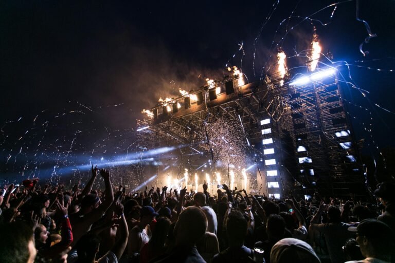 Vibrant concert scene with crowd enjoying night festival and dynamic stage fireworks.